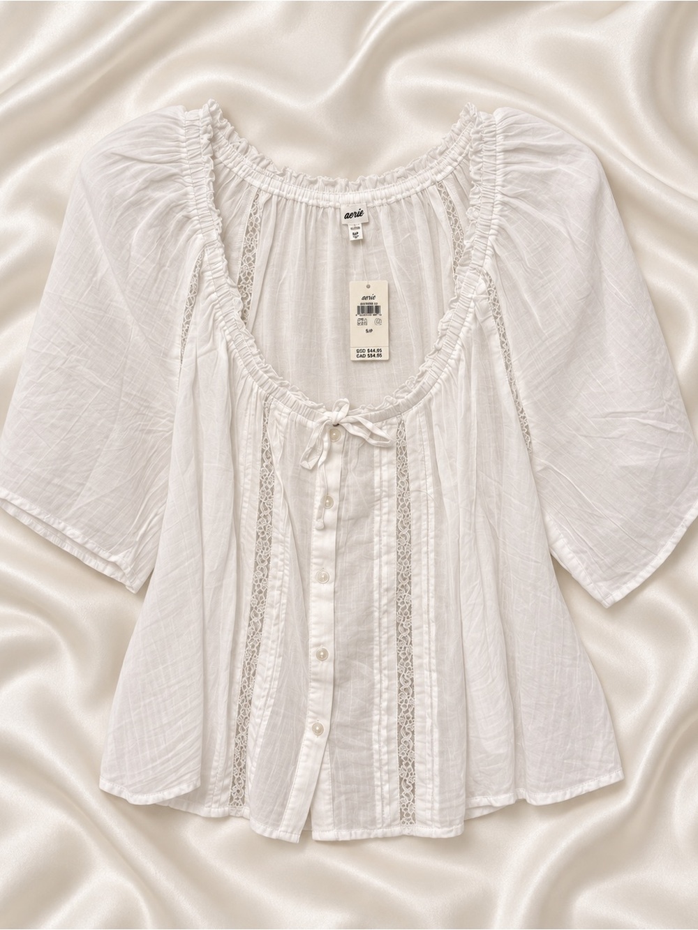Aerie White Lace Trim Button Front Peasant Blouse NWT Women’s L